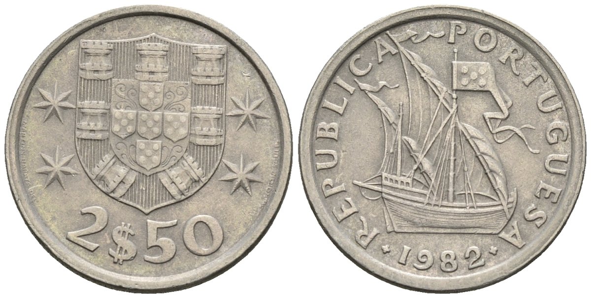 Португалия 2,5 эскудо 1982 парусник KM 590 медно-никель 4147-645