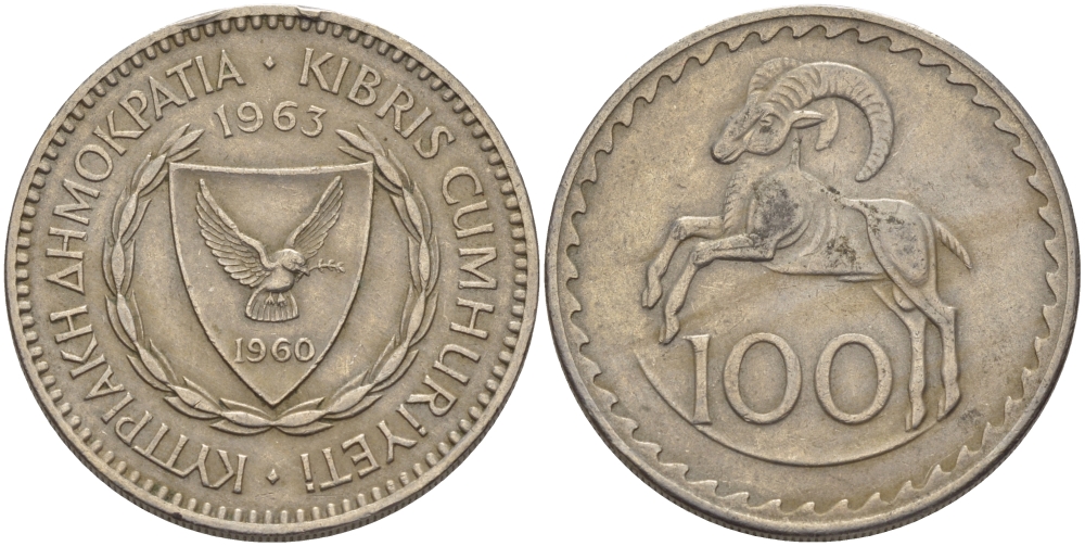 КИПР 100 МИЛСОВ 1963 ЕВРОПЕЙСКИЙ МУФЛОН KM 42 медно-никель 82-634