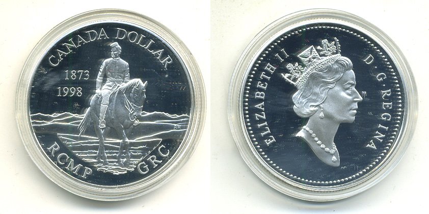 КАНАДА 1 ДОЛЛАР 1998 125 ЛЕТ КАНАДСКОЙ КОННОЙ ПОЛИЦИИ, В ОРИГИНАЛЬНОЙ КОРОБКЕ С СЕРТИФИКАТОМ KM 306 серебро PROOF 6-3-33