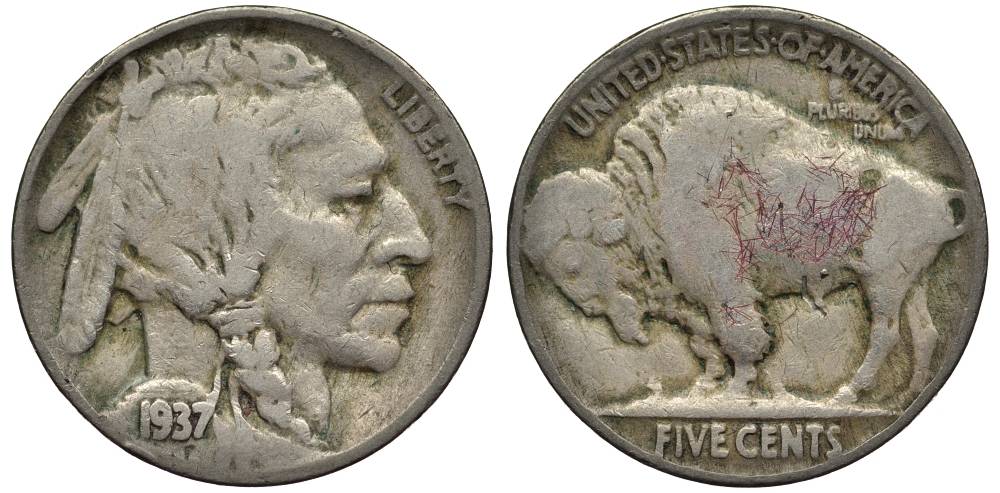 США 5 ЦЕНТОВ 1937 ИНДЕЕЦ, БИЗОН KM 134 медно-никель 27-655