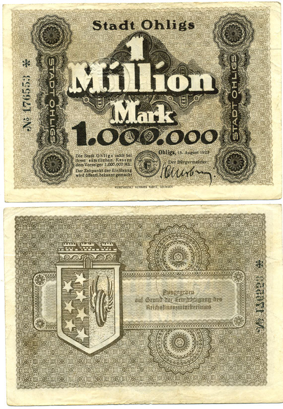 ОЛИГС 1000000 МАРОК 1923 НОТГЕЛЬД, 15 АВГУСТА 1923, РАЙОН ГОРОДА ЗОЛИНГЕН бумага 2192-72-1