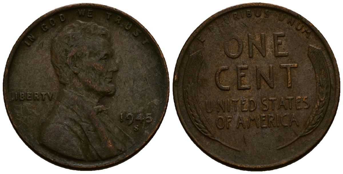США 1 цент 1945 Линкольн, S KM A132 медь цинк 4164-846