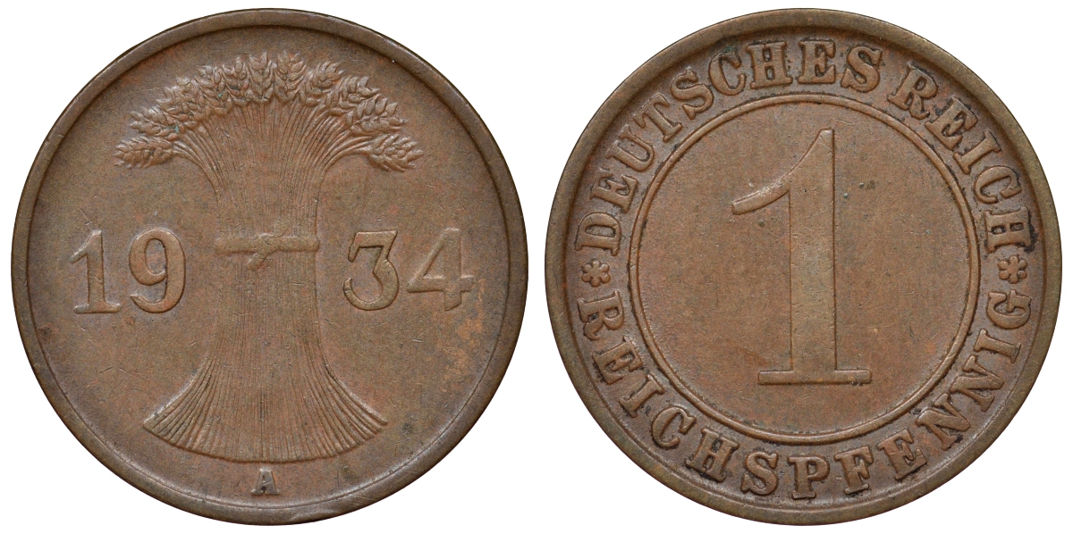 Германия 1 рейхспфенниг 1934 A KM 37, J. 313 бронза 4124-127