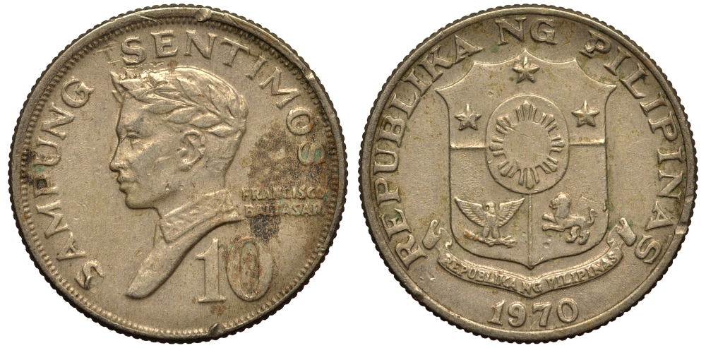 ФИЛИППИНЫ 10 СЕНТИМО 1970 ПОЭТ ФРАНСИСКО БАЛЬТАСАР KM 198 медь цинк никель VG 4181-244