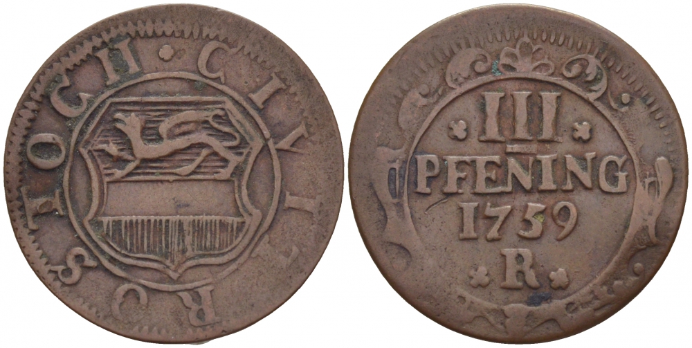 РОСТОК 3 ПФЕННИГА 1759 R KM 7 медь 1515-342