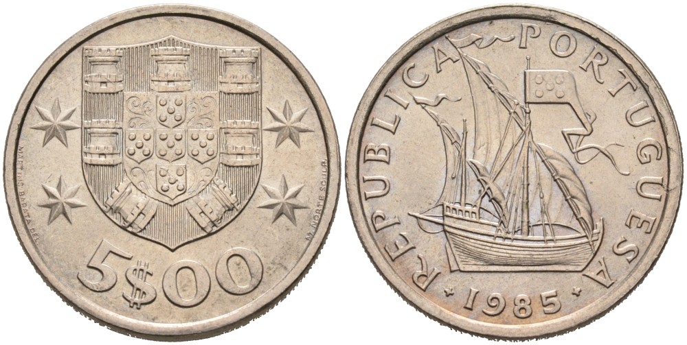 Португалия 5 эскудо 1985 парусник KM 591 медно-никель 4556-1211