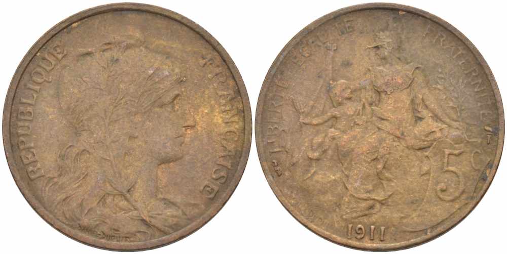 ФРАНЦИЯ 5 САНТИМОВ 1911 ТИП ДАНИЭЛЬ ДЮПЮИ KM 842, LE FRANC 119.23 бронза 108-927