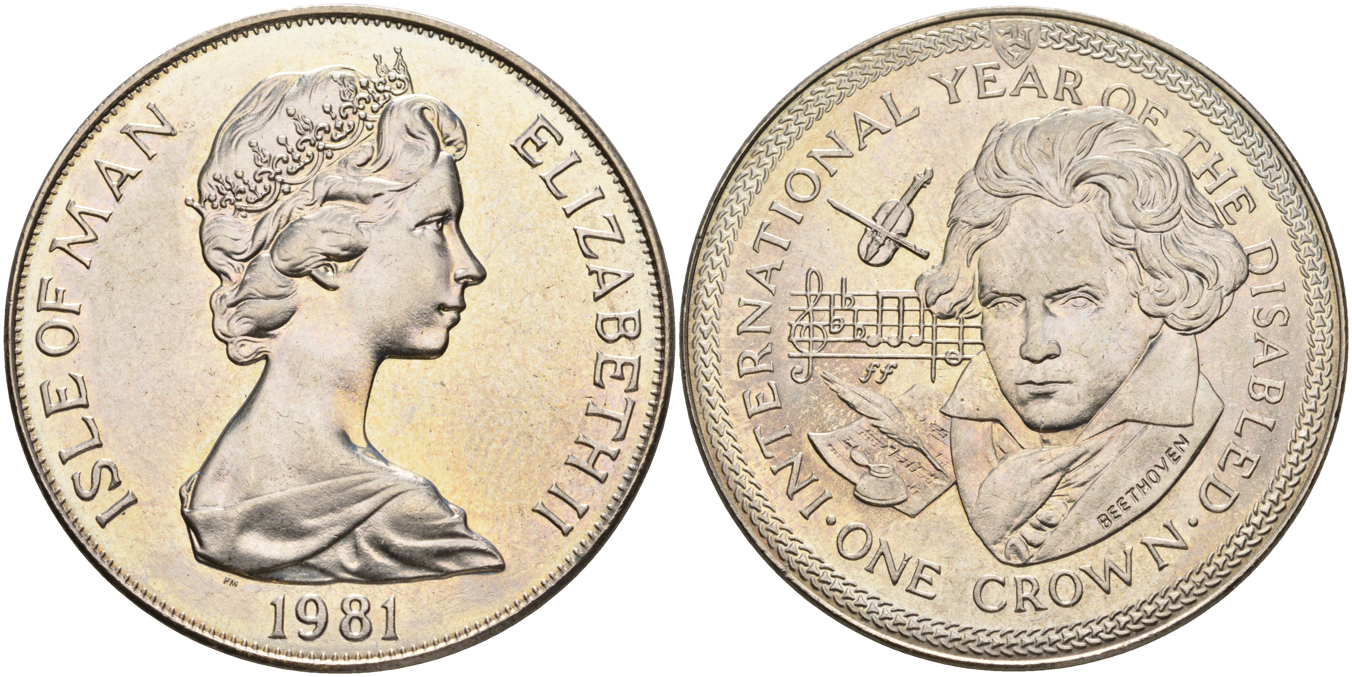 Остров Мэн 1 крона 1981 Международный год инвалидов, Бетховен КМ 78 медно-никель UNC 3897-1031