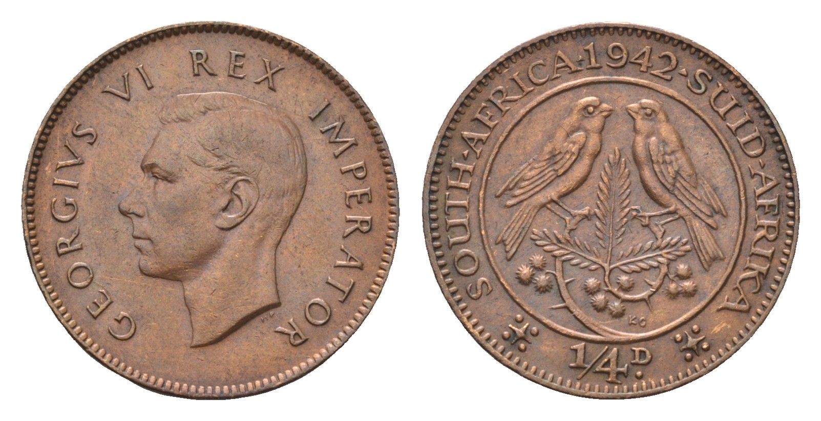 ЮАР 1/4 пенни (фартинг) 1942 Георг VI (1936-1952) KM 23 бронза 4690-1135