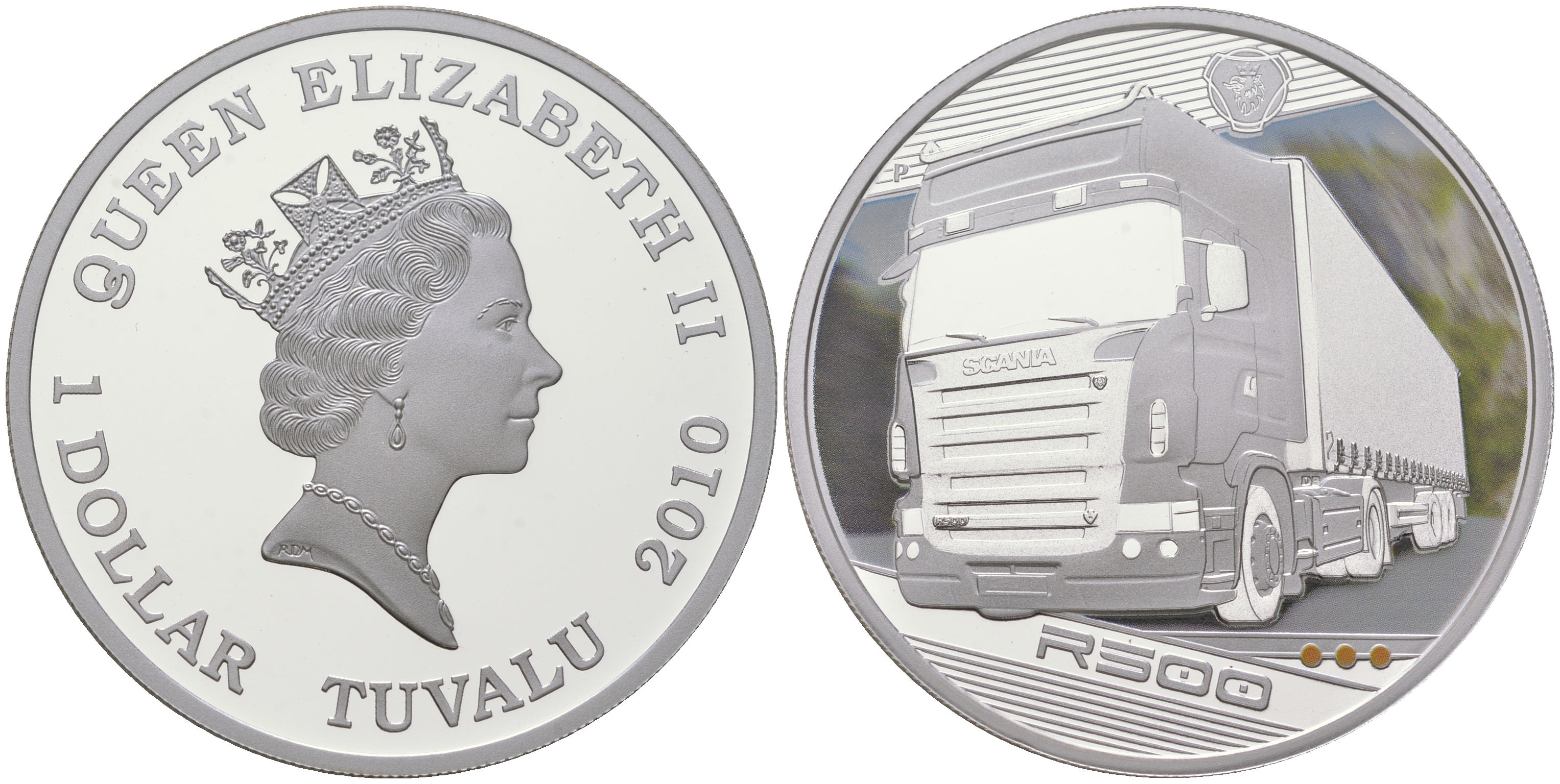 Тувалу 1 доллар 2010 серия грузовые автомобили, короли дорог, R500 Scania, цветная термопечать KM 141 серебро  PROOF  1091-6-33