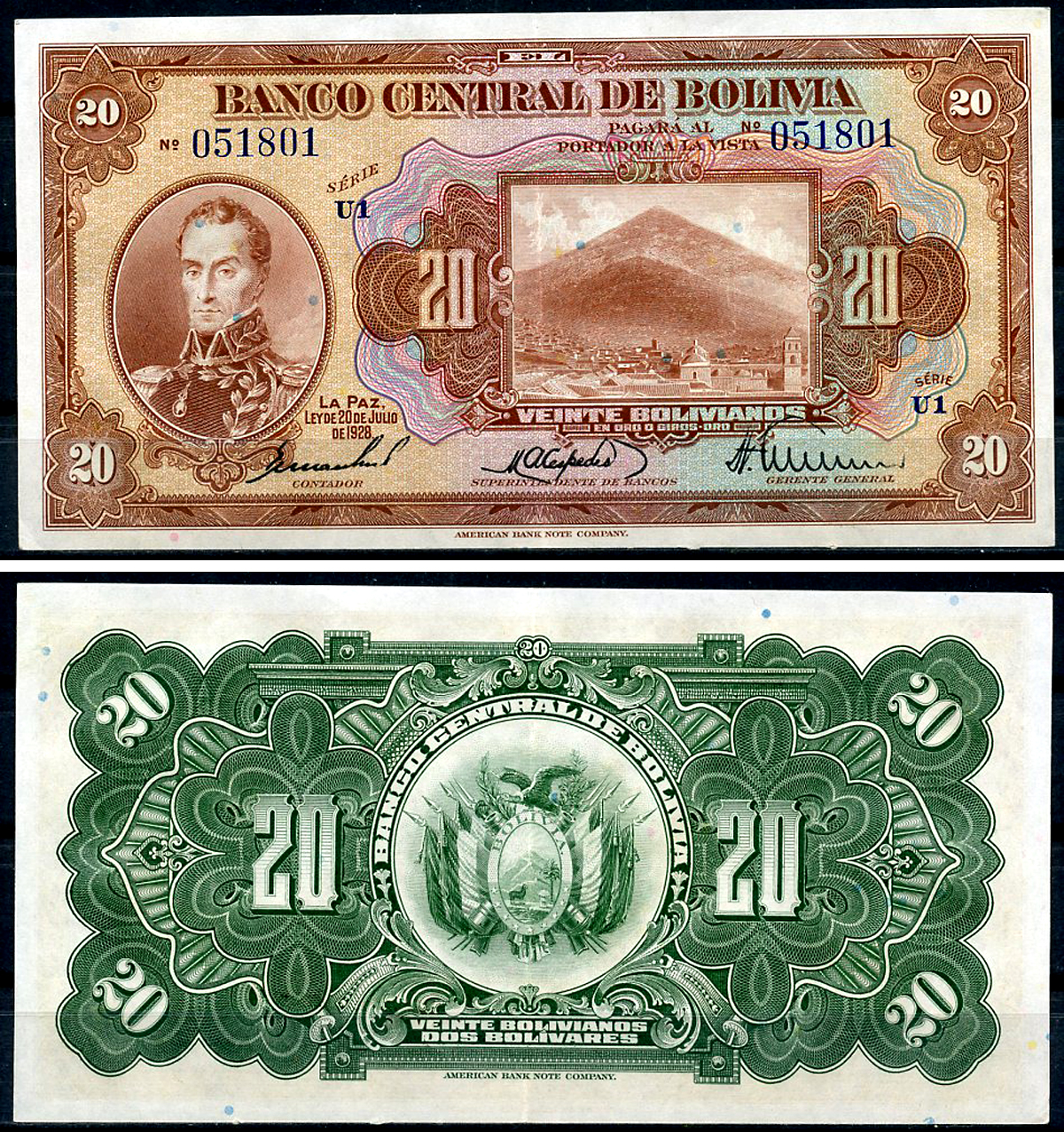 Боливия 20 боливиано 1928 Симон Боливар, Потоси, серия U1 Pick 122 a (8)  бумага  aUNC 444-15-3-2