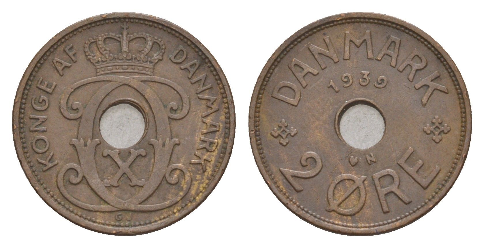 Дания 2 эре 1939 N, Кристиан X (1912-1947) KM 827 бронза 4658-254