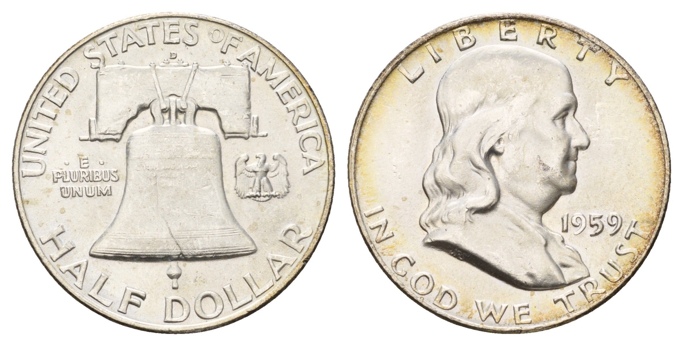 США 1/2 доллара (50 центов) 1959 D, Бенджамин Франклин, колокол KM 199 серебро aUNC 1528-331