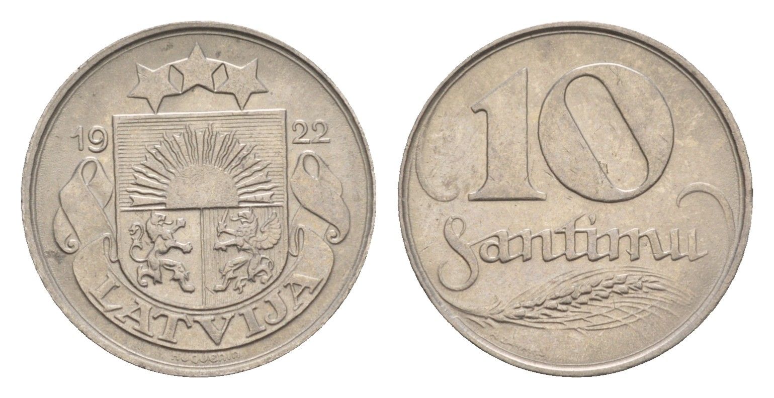 Латвия 10 сантимов 1922 год-тип KM 4 никель 4658-1219