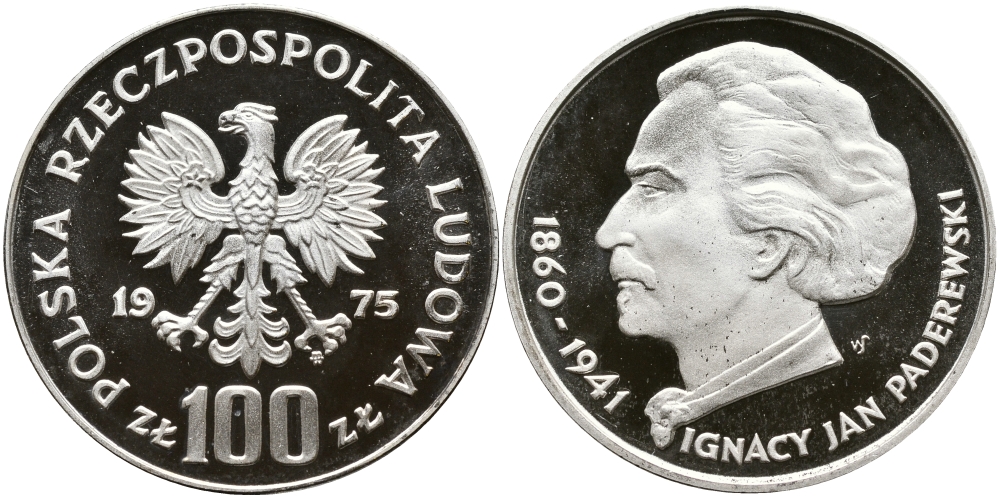 Польша 100 злотых 1975 MW, Игнаций Ян Падеревский (1860-1941) KM 77, Parchimowicz 273 серебро PROOF 441-514