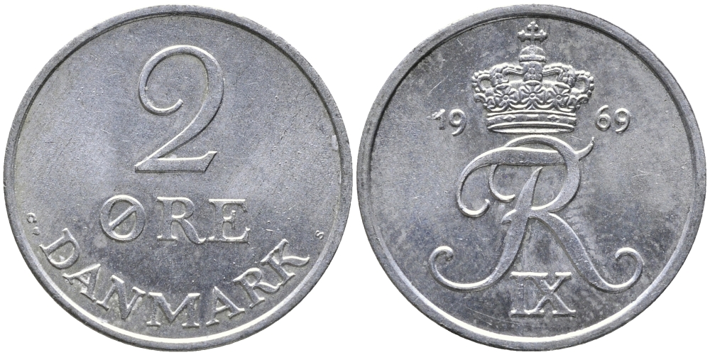 ДАНИЯ 2 ЭРЕ 1969 C; S, ФРЕДЕРИК IX (1947-1972) KM 840.2 цинк UNC 28-1045