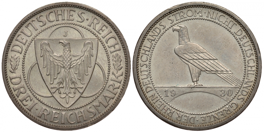 Германия 3 марки 1930 J, освобождение Рейнлянда J. 345, KM 70 серебро aUNC 00-814-74
