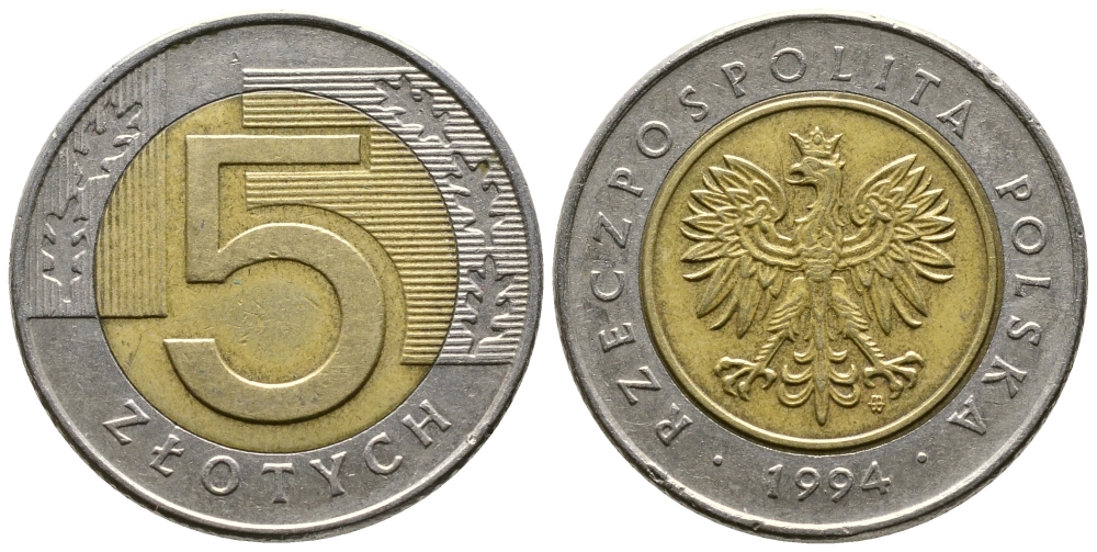 Польша 5 злотых 1994 MW KM 284 биметалл 93-1145