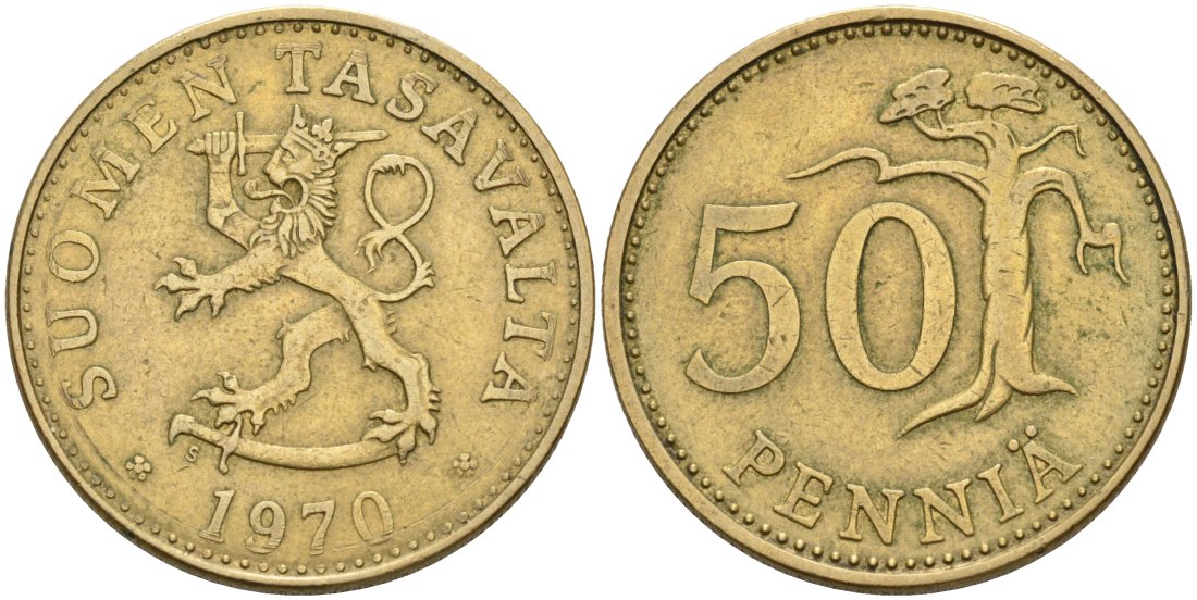 Финляндия 50 пенни 1970 S KM 48 алюминиевая бронза 4571-814