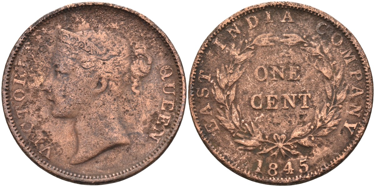 Стрейтс-Сетлментс 1 цент 1845 Виктория (1837-1901), Ост-Индская компания KM 3 медь 4590-215