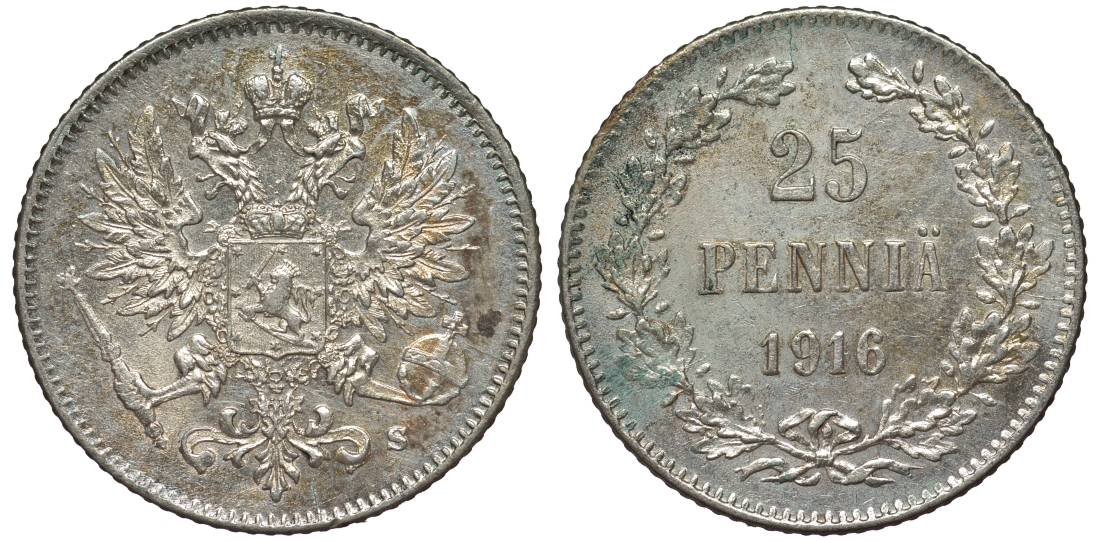 Россия для Финляндии 25 пенни 1916 S, Николай II (1894-1917) KM 6.2, Биткин 421 серебро 75-1238