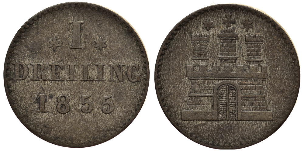 Гамбург 1 зехлинг 1855 KM 276 серебро 00-00