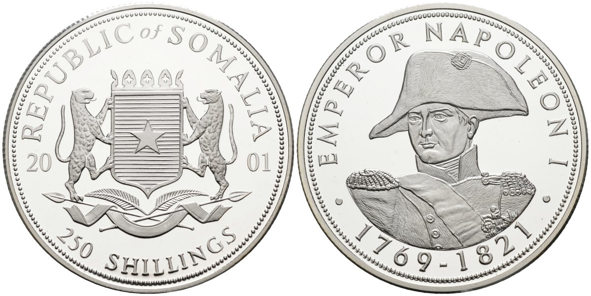 Сомали 250 шиллингов 2001 император Наполеон I (1769-1821), тираж 5000 экз. серебро PROOF 00-00
