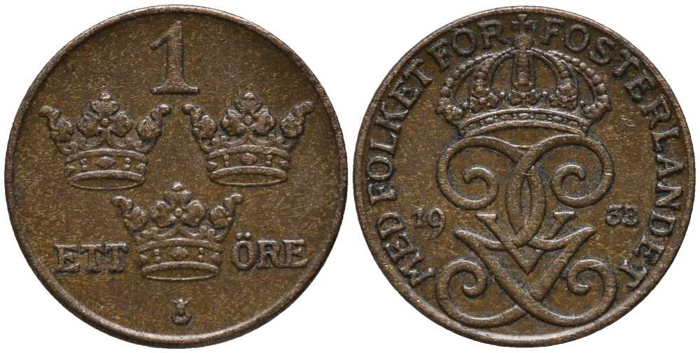 Швеция 1 эре 1938 Густав V (1907-1950) KM 777.2 бронза 201-1136