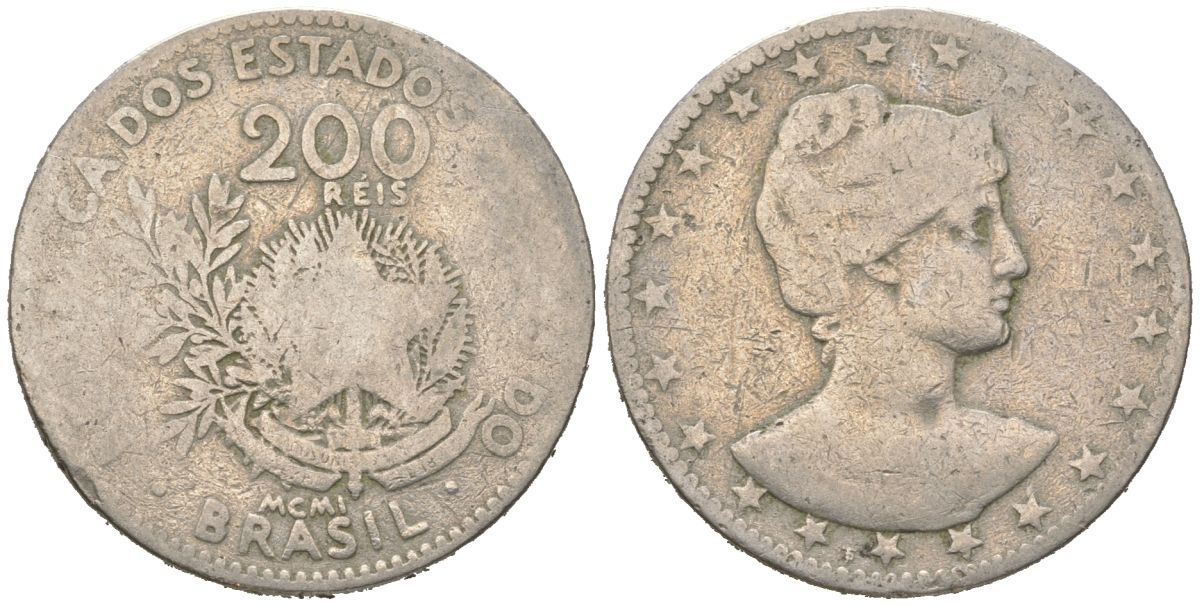 Бразилия 200 реалов 1901 MCMI, голова свободы вправо KM 504 медно-никель 4612-134