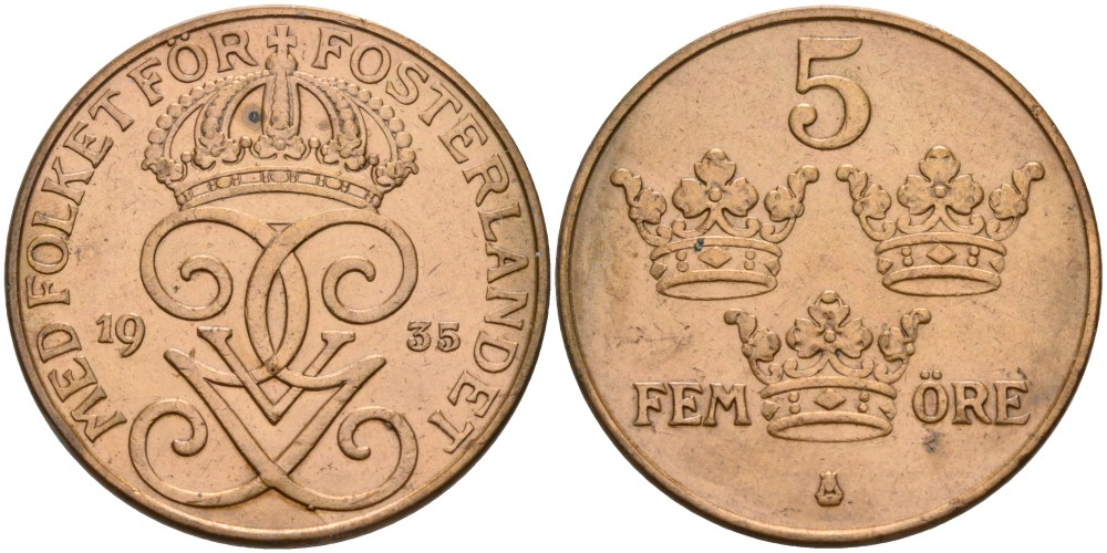 Швеция 5 эре 1935 Густав V (1907-1950), в лаке KM 779.2 бронза 4557-625
