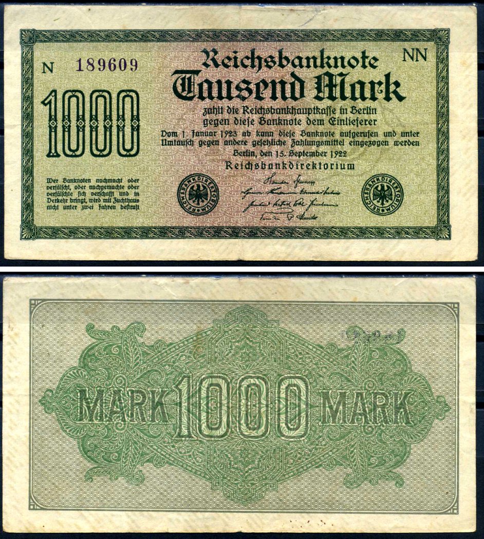 Германия 1000 марок 1922 выпуск 15 сентября 1922, водяной знак D, белая бумага, серия NN, буква N Pick 76 d (1) бумага 8595-3-2-2