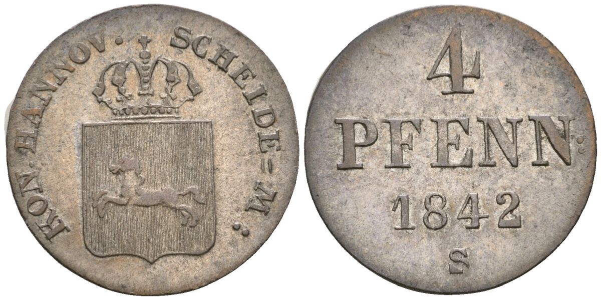 Ганновер 4 пфеннига 1842 Эрнст Август (1837-1851) KM 177, AKS 121, Jaeger 45 серебро 413-3921