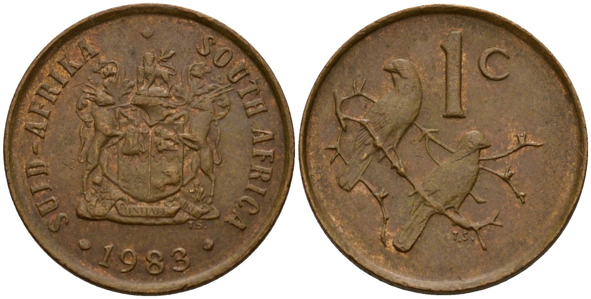 ЮАР 1 цент 1983 герб, капские воробьи KM 82 бронза 4154-1129