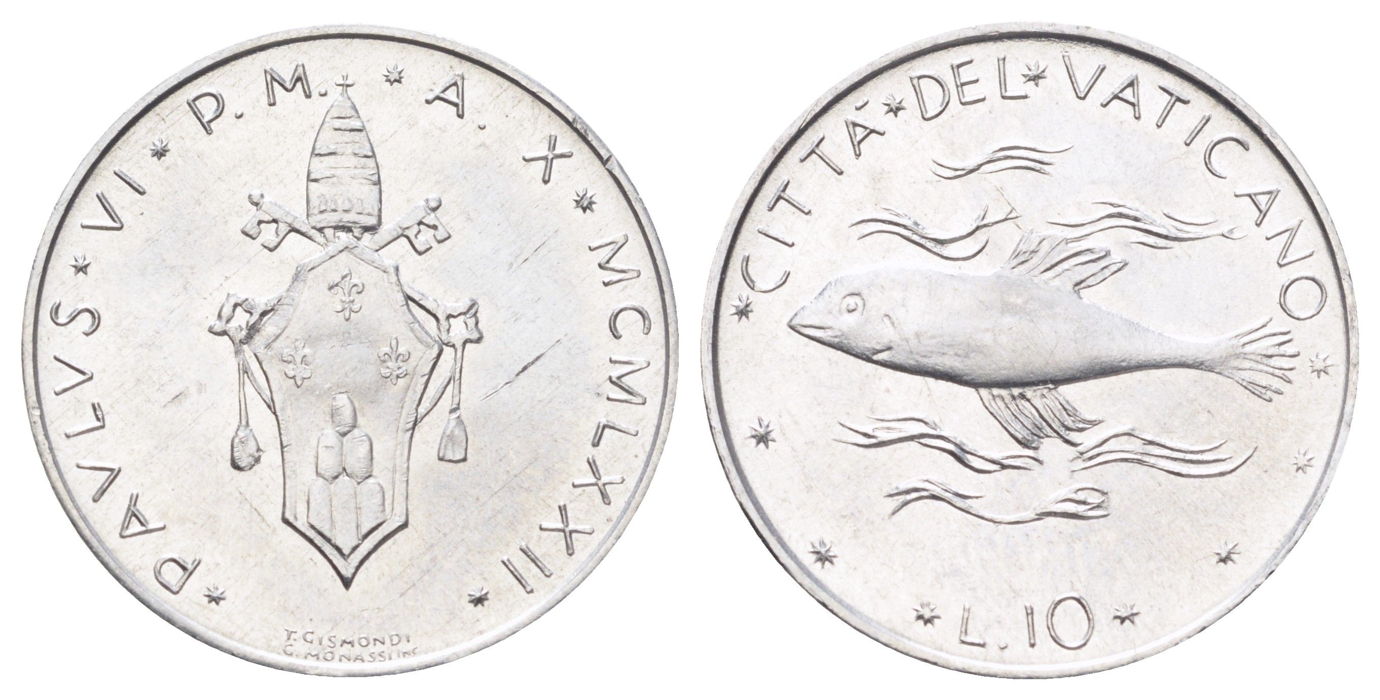 Ватикан 10 лир 1970 MCMLXX, Павел KM 119 алюминий UNC 4699-624