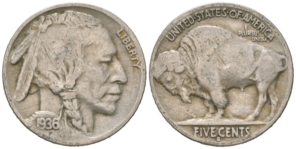 США 5 центов 1936 S, индеец, бизон KM 134 медно-никель 4614-1249