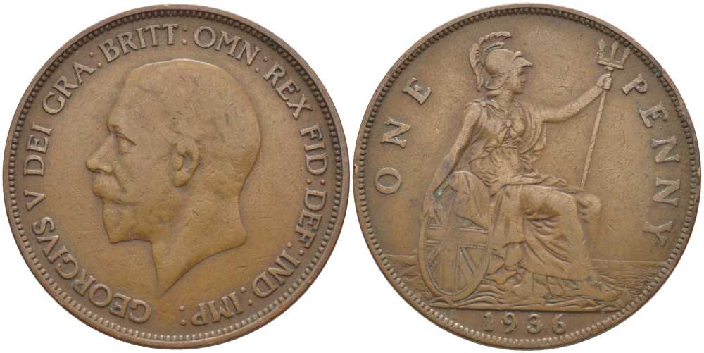 Великобритания 1 пенни 1936 Георг V (1910-1936) KM 838, Spink 4055 бронза 115-323