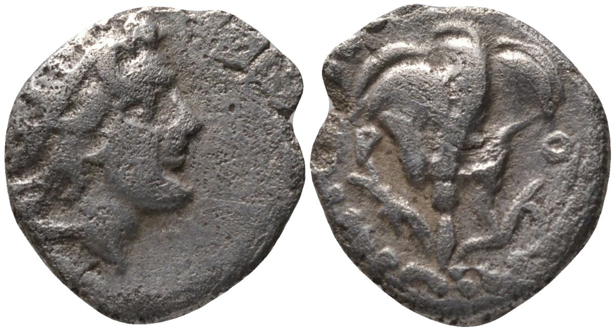 Древняя Греция, Кария, о-в Родос тригемиобол (1,5 обола) 166-88 гг. до н.э. голова Гелиоса / Р О, роза, 0,63 гр SNG COP. 849 серебро 1073-9-37