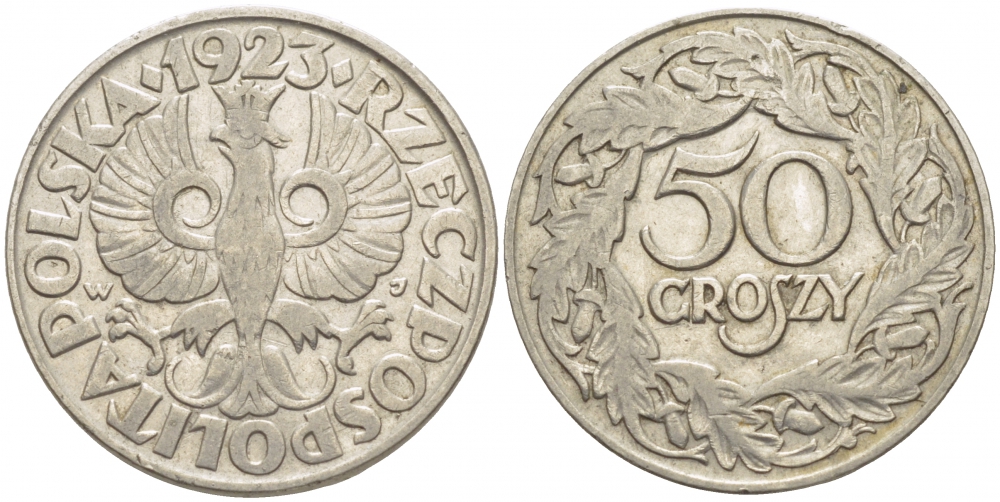 Польша 50 грошей 1923 Республика KM 13, Parchimowicz 106 никель 175-1134