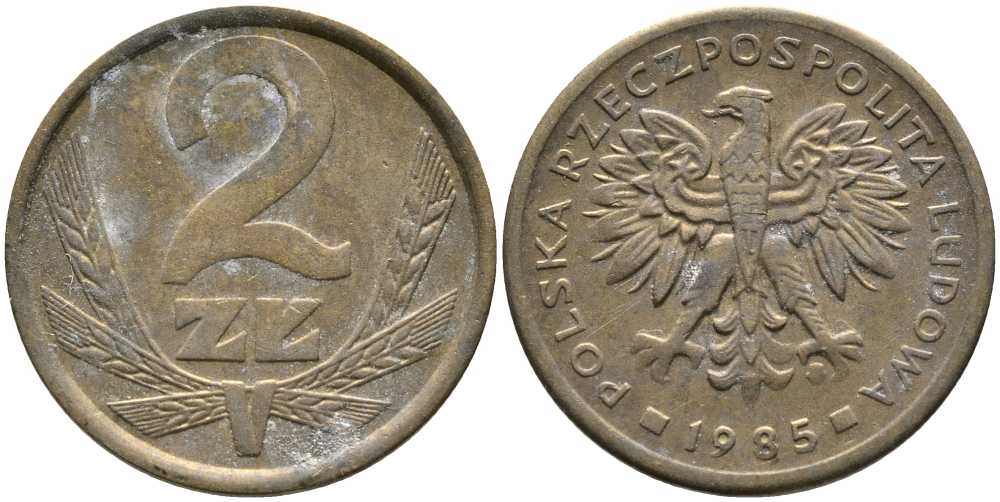 ПОЛЬША 2 ЗЛОТЫХ 1985 MW KM 80.1 латунь 110-912