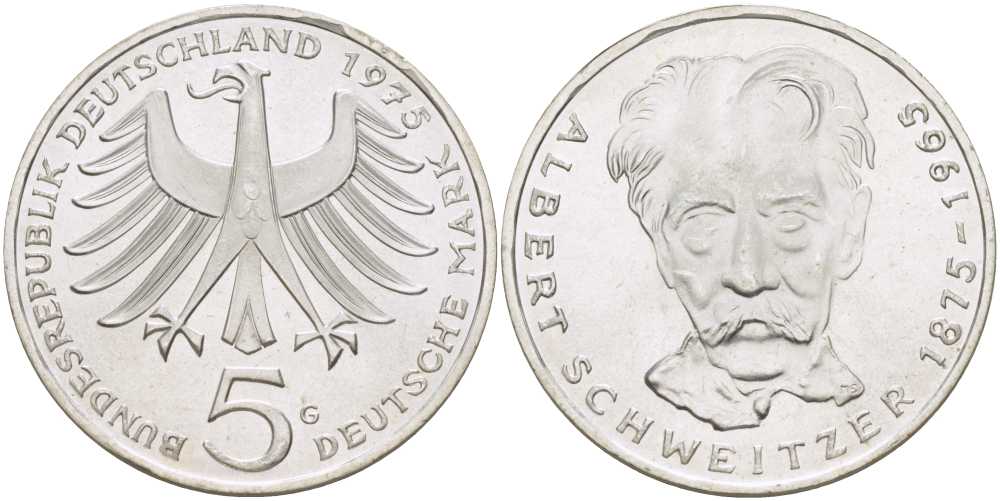 ФРГ 5 марок 1975 G, 100 лет со дня рождения Альберта Швейцара KM 143, J.418 серебро 180-1025