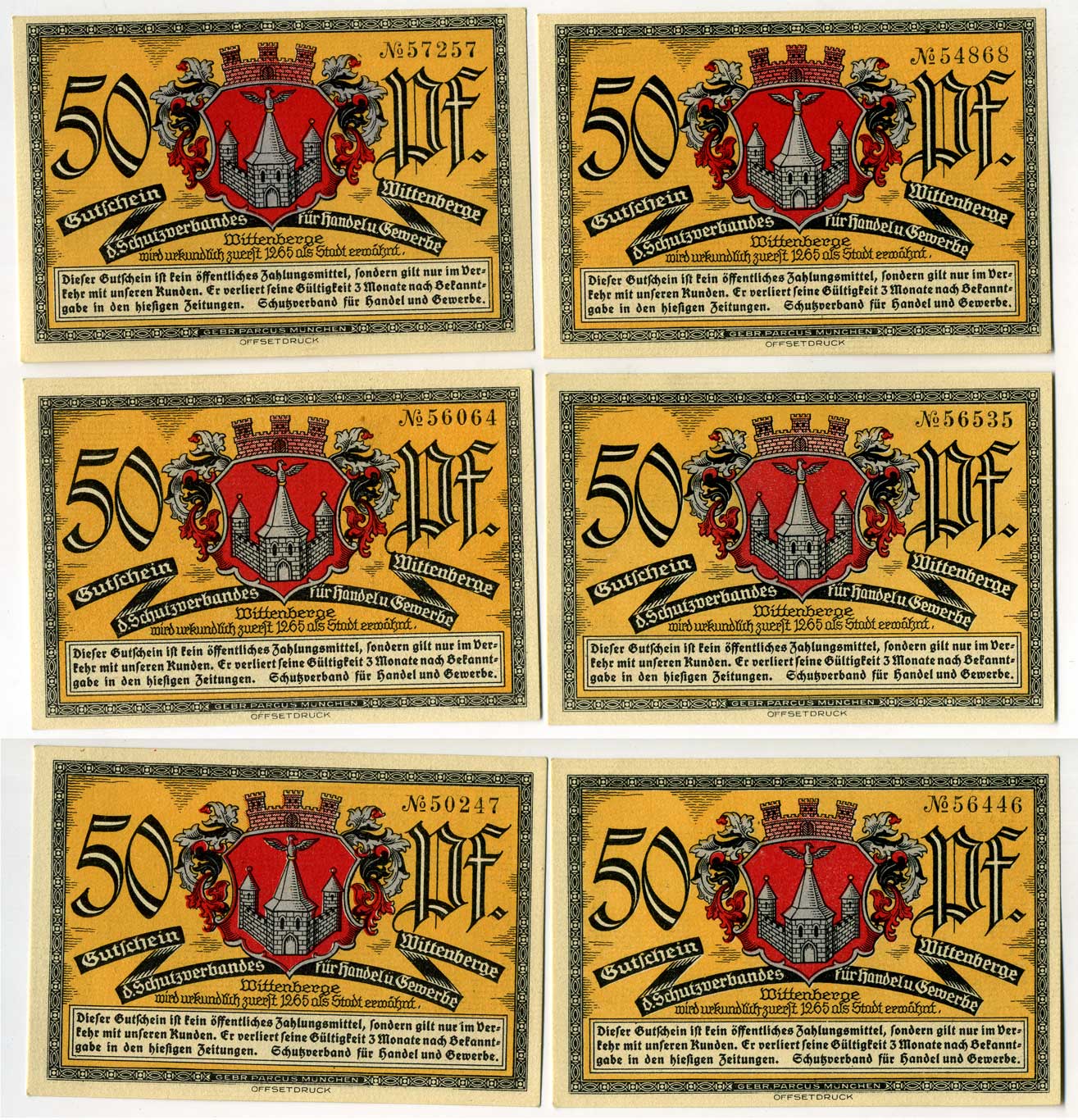 Германия, Виттенберге лот из 6 банкнот по 50 пфеннигов ND (1921) Архитектура Mehl Grabowski 1444.1 бумага UNC (пресс) 7555-14-3-1