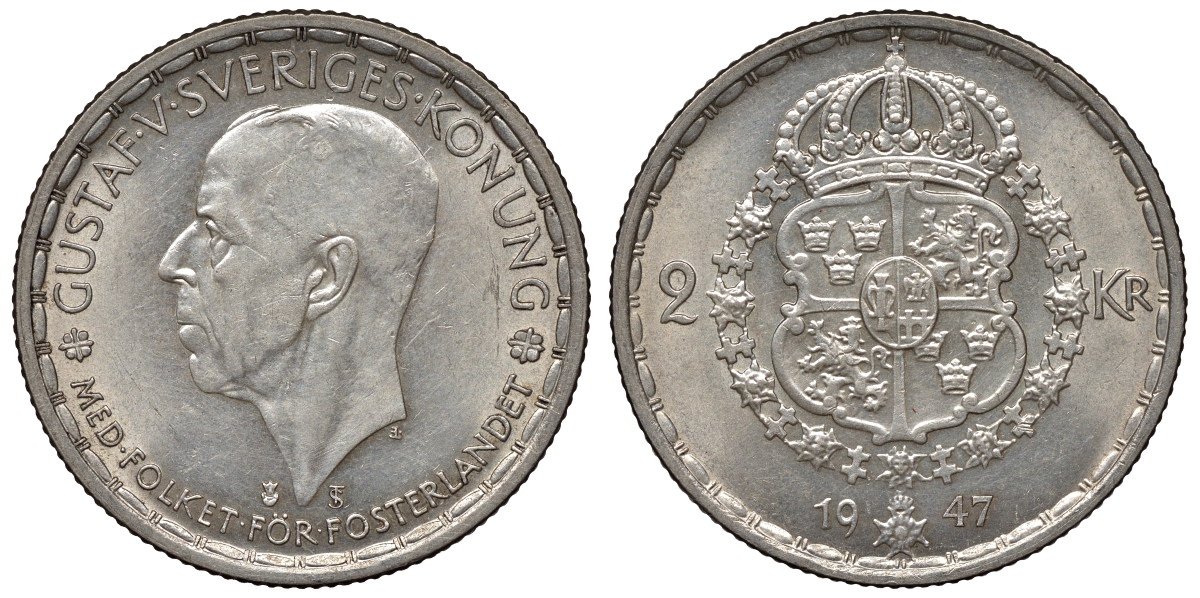 Швеция 2 кроны 1947 TS, Густав V (1907-1950) KM 815 серебро 1531-335
