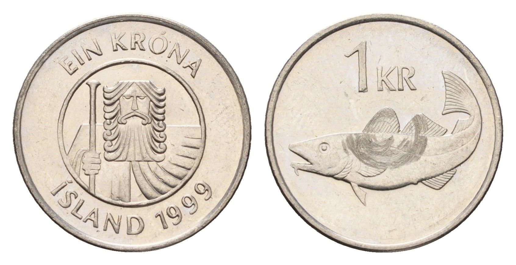 Исландия 1 крона 1999 треска KM 27a сталь плакированная никелем UNC 4674-646