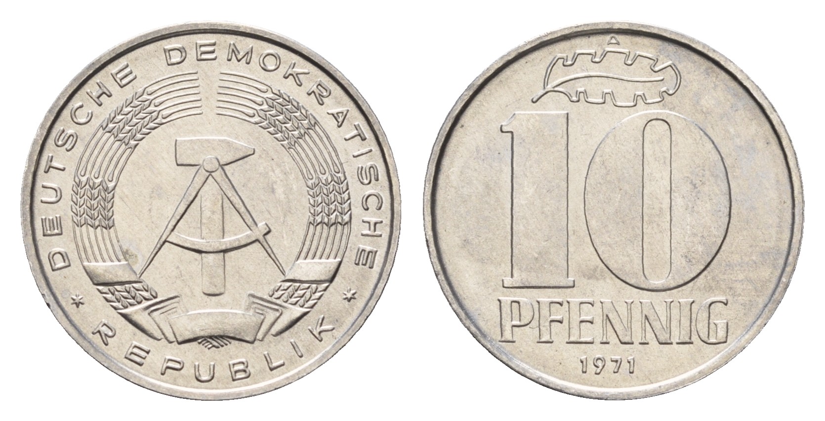 ГДР 10 пфеннигов 1971 A KM 10 алюминий  aUNC  M81-17
