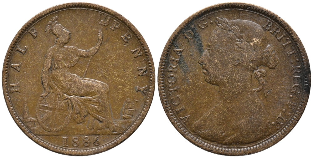 Великобритания 1/2 пенни 1886 Виктория (1837-1901) KM 754, Spink 3956 бронза 34-951