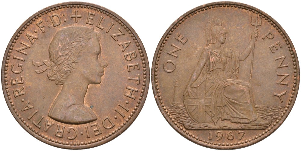 Великобритания 1 пенни 1967 Елизавета II (1952-2022) KM 897, Spink 4157 бронза 4574-322
