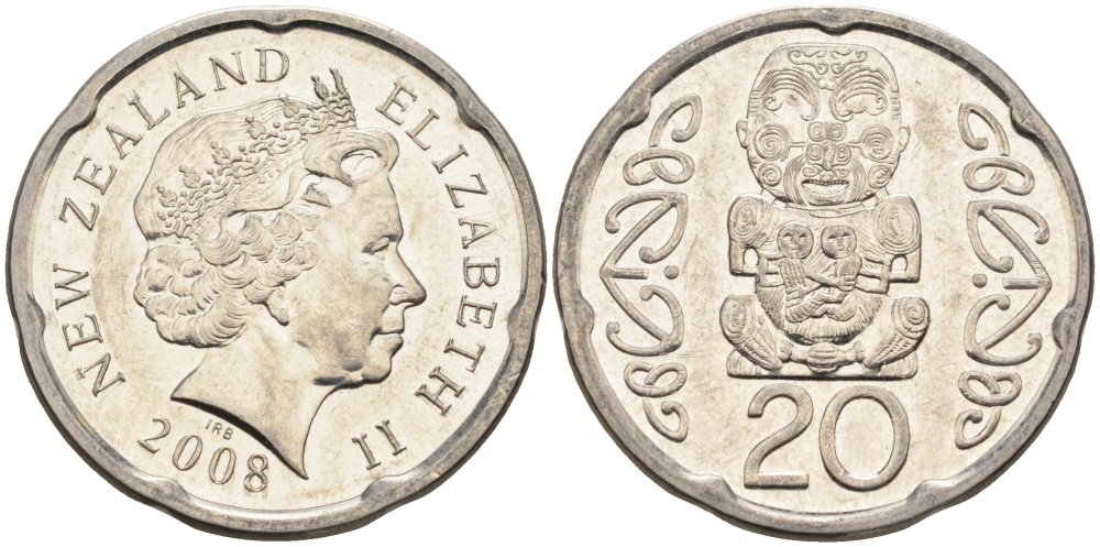 Новая Зеландия 20 центов 2008 Елизавета II (1952-2022), идол Пукаки KM 118а никелированная сталь 4579-1226