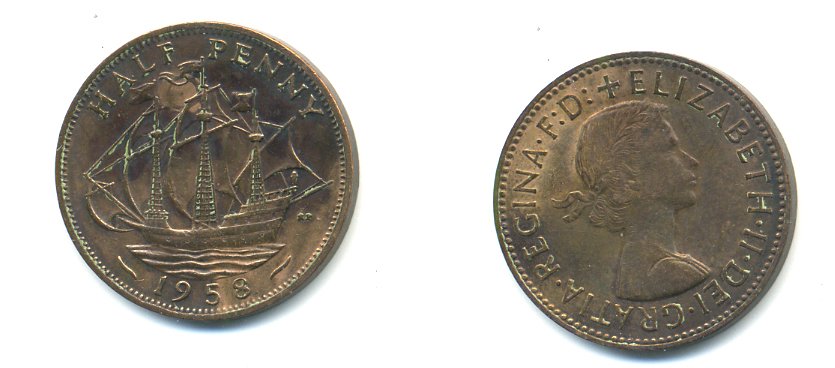 Великобритания 1/2 пенни 1958 Елизавета II (1952-2022) KM 896, Spink 4158 бронза 59-1111