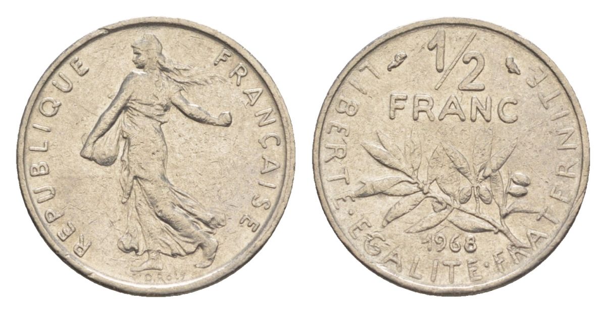 Франция 1/2 франка 1968 сеятель KM 931.1, Le Franc 198.7 никель 4630-419