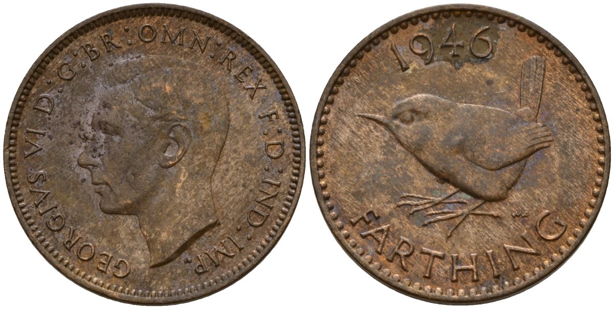 Великобритания 1 фартинг 1946 Георг VI (1936-1952) KM 843, Spink 4116 бронза 4154-1018